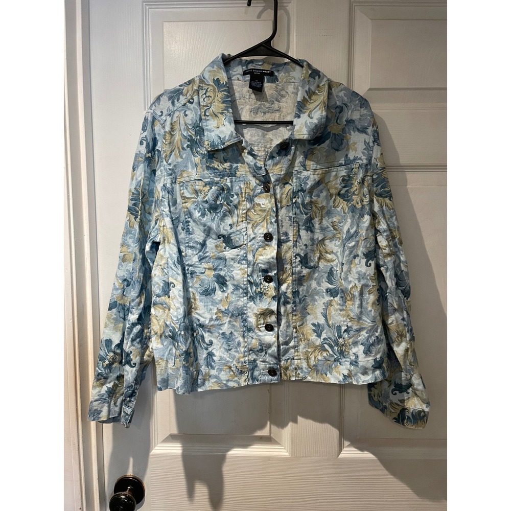 Saint Tropez West Woman 100% Linen Floral Damask Print Jacket Blue Tan 1X